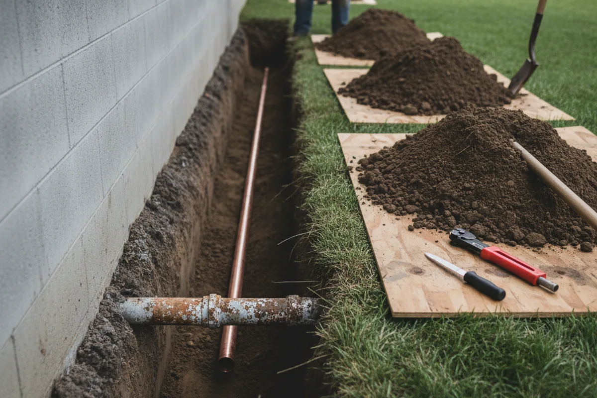 Excavated water line trench during Water Softener Installation in Saint Jacob